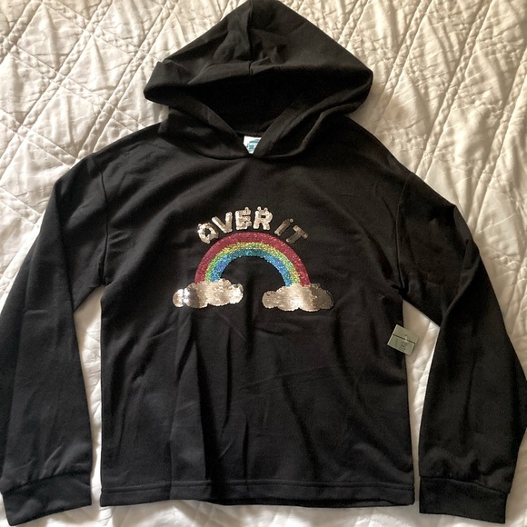 EXPRESS ME “OVER IT” Black Pull over hoodie w/ shiny sequence sz:10-12 girls 🌈 - Picture 1 of 8